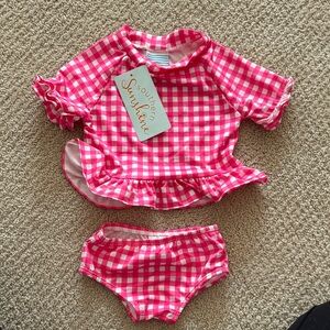 Bright Pink Gingham Ruffle Rashguard Set 6m